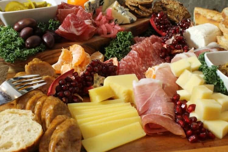 close up shot of a charcuterie platter showcasing height