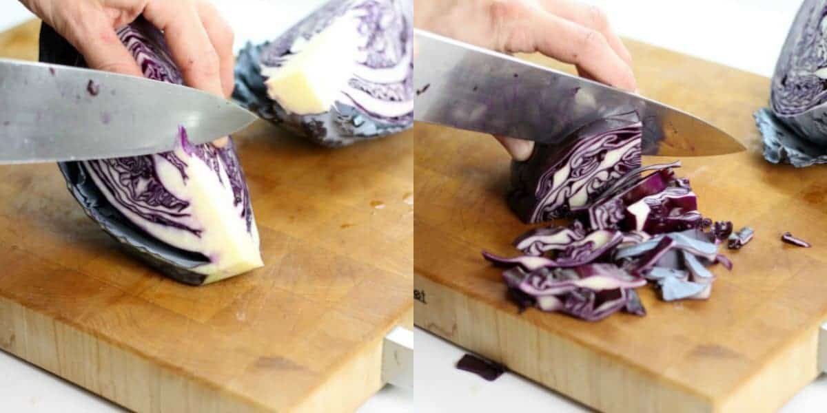 A side by side collage, showing how to cut the core out of a red cabbage and then slicing it in preparation for braising.