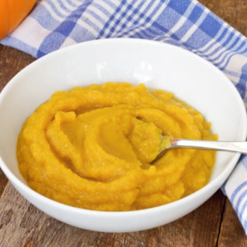 homemade pumpkin puree in a white bowl