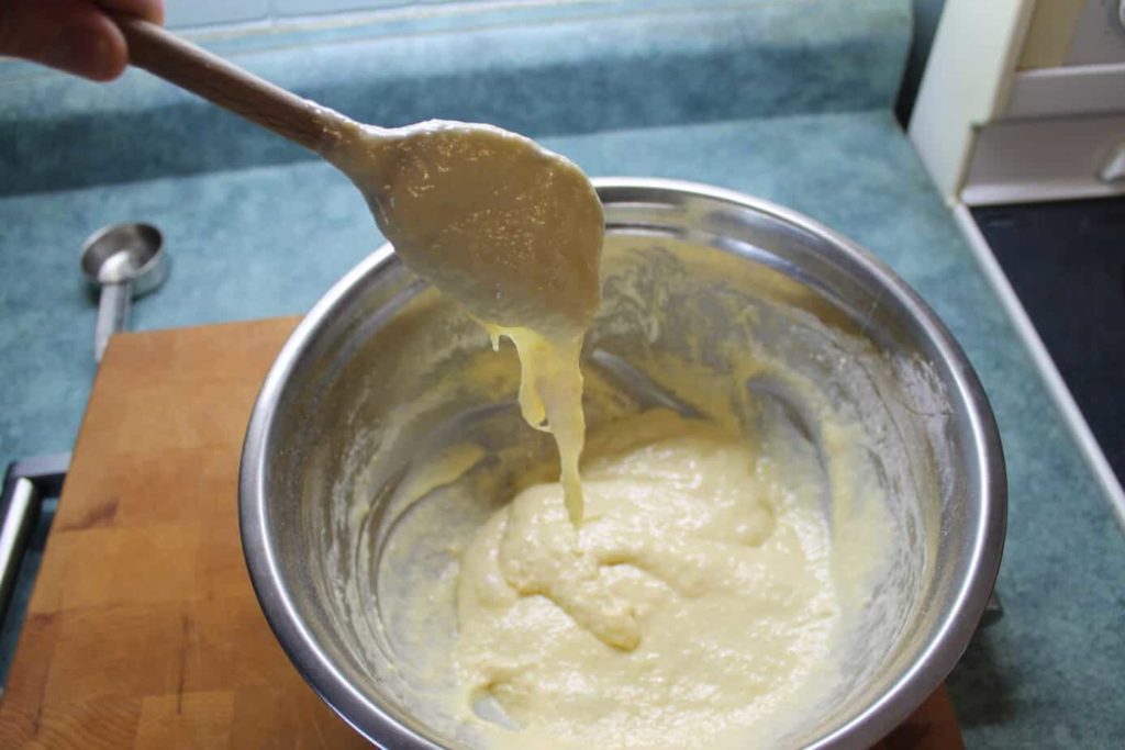 The proper consistency for german spaetzle dough. Thick yet slightly gloopy