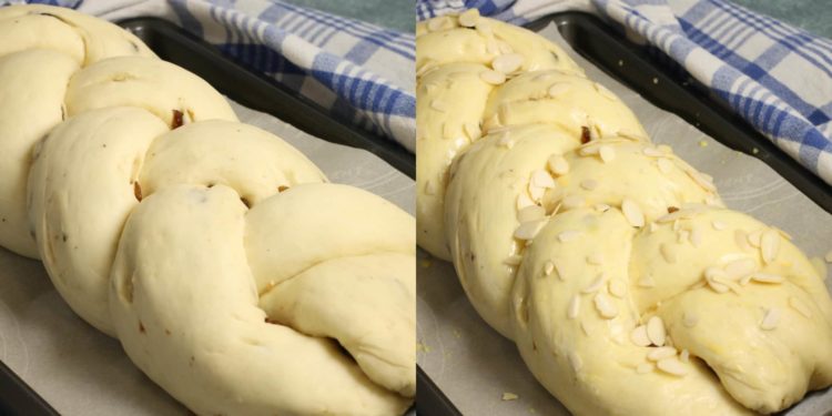 Brush the proofed loaf of Raisin Bread with eggwash and sprinkle woth sliced almonds for a really fancy treat!