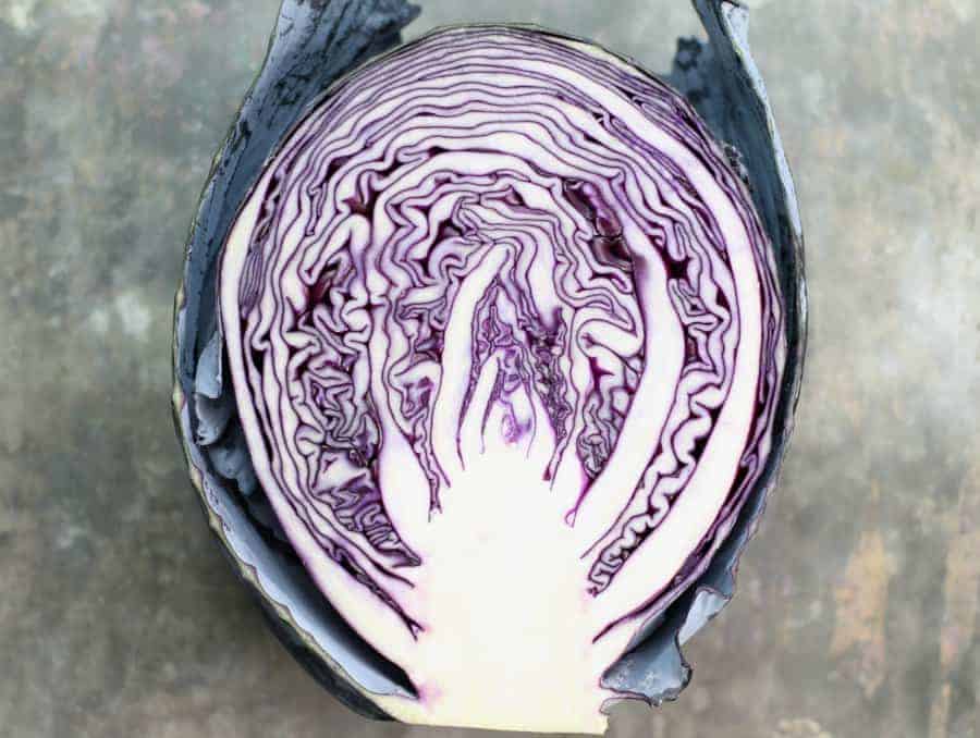 a head of red cabbage cut in half with the cut side facing the camera