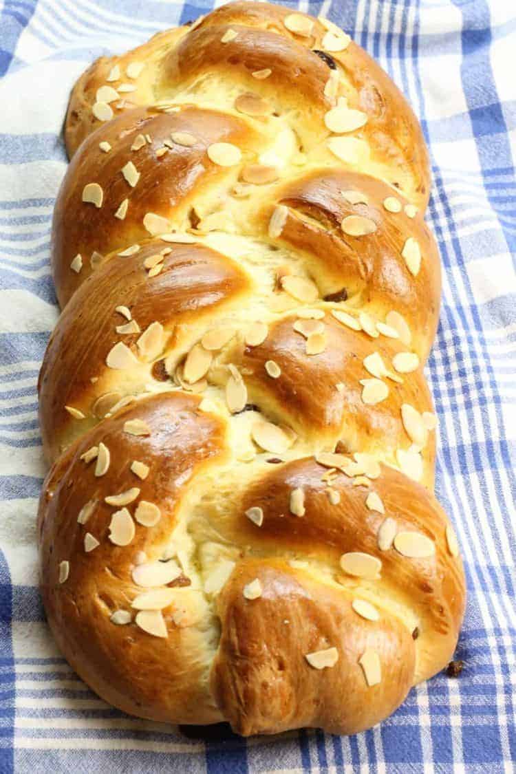 German Rosinenbrot (or Raisin Bread), on a blue and white checkered cloth